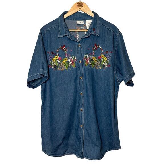 Bobbie Brooks VTG Embroidered Floral Arch Cardinal Grandmacore Denim Shirt Sz XL - Picture 1 of 9